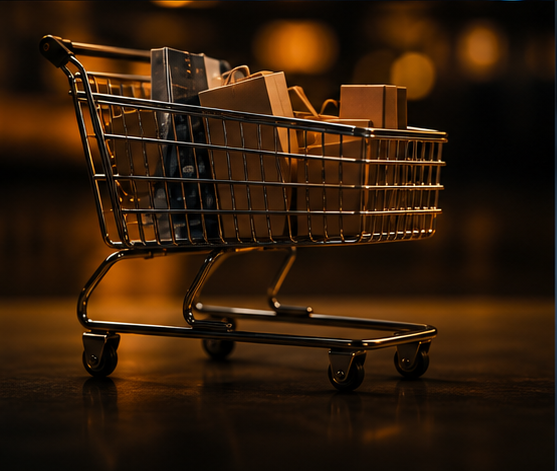 Carrito de compras con productos sobre fondo oscuro