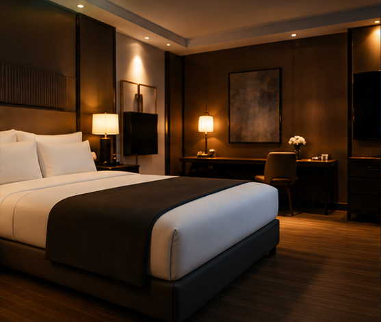 Habitacion de hotel moderna con iluminacion calida
