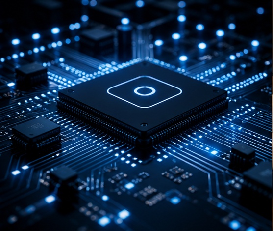 Microchip iluminado sobre placa electronica